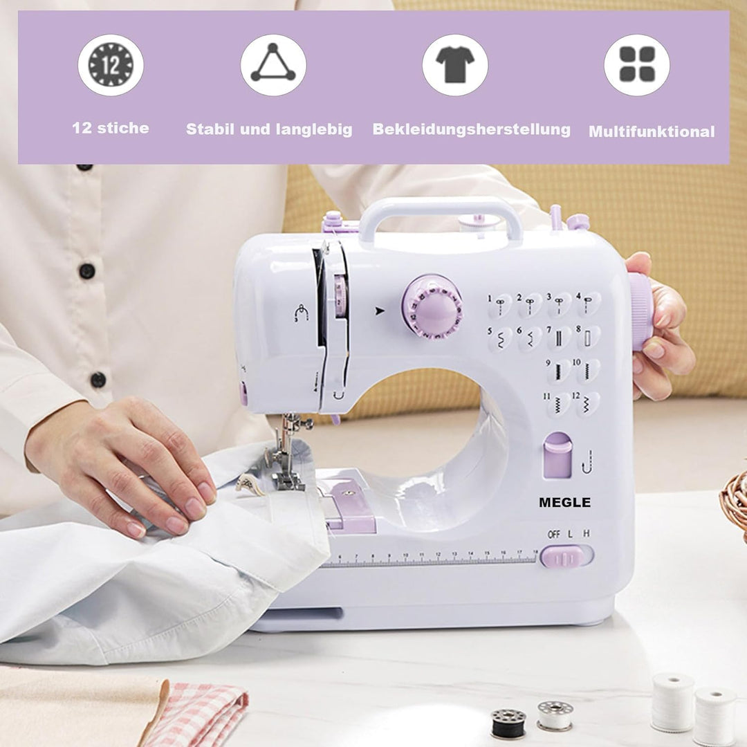 Nähmaschine für Anfänger, kleine Nähmaschine mit Fusspedal, Handbuch in 5 Sprachen, zwei Stromversor