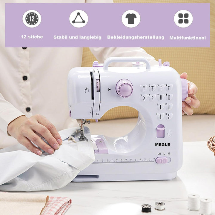 Nähmaschine für Anfänger, kleine Nähmaschine mit Fusspedal, Handbuch in 5 Sprachen, zwei Stromversor