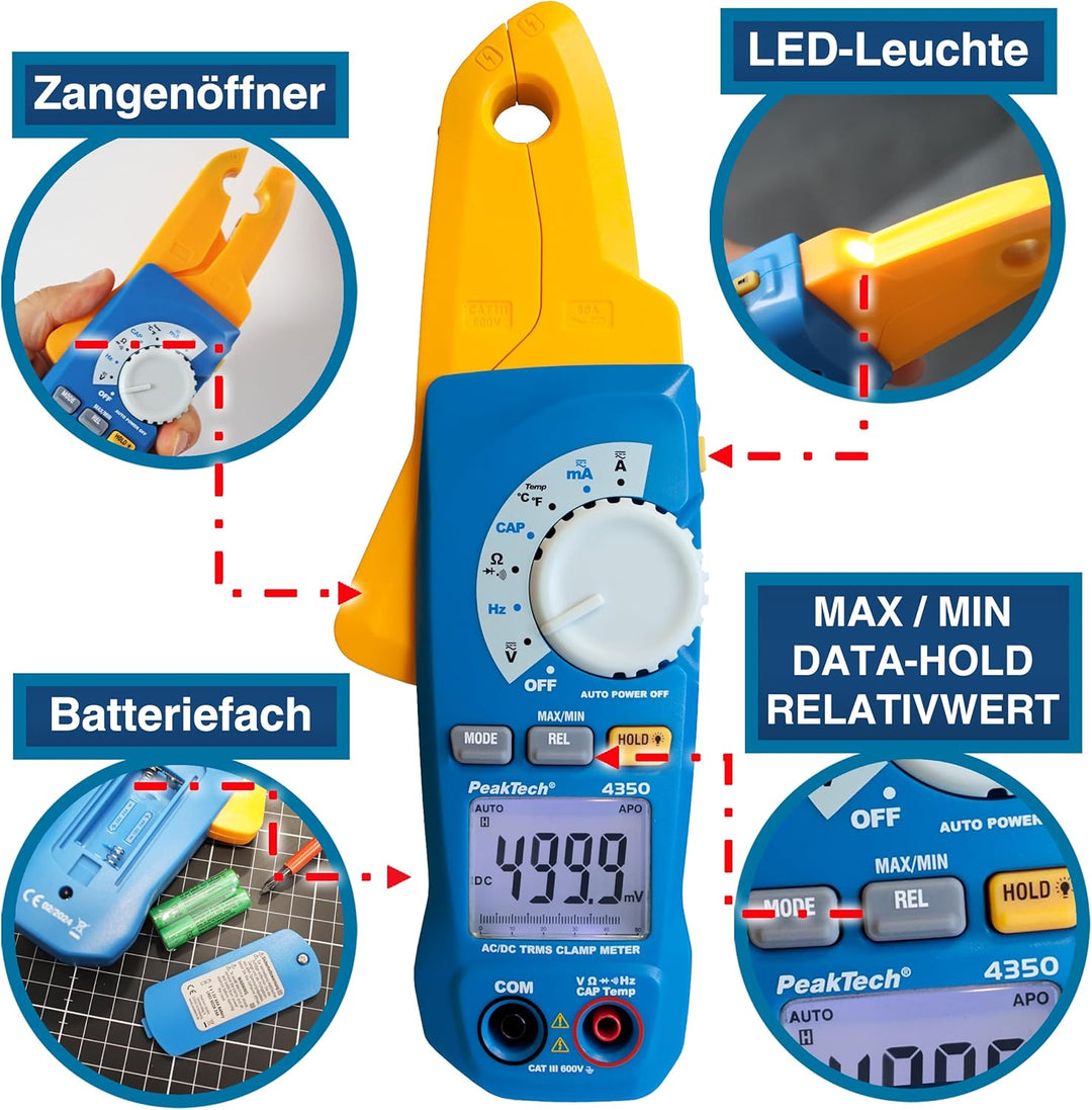 PeakTech 4350 – True RMS Stromzange 80A AC/DC, Digital Multimeter, Zangenmessgerät, Strommesszange,