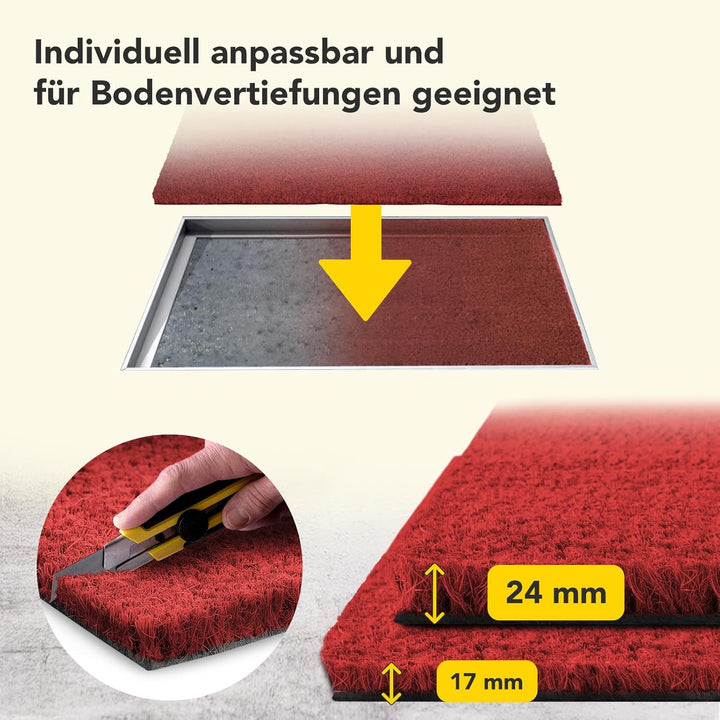Floordirekt Fussmatte für Innen und Aussen, 100x200 cm Rot, Türmatte aus Kokos, Schmutzfangmatte für