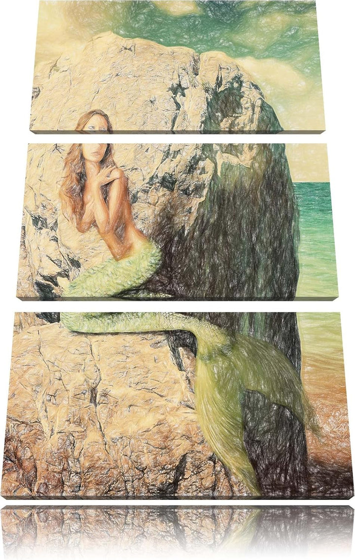 Pixxprint Meerjungfrau hinter Felsen als Leinwandbild/Grösse: 3 Teilig (120x80) cm/Wandbild/Kunstdru