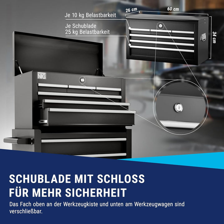 NTG Werkstattwagen Werkzeugwagen mit Werkzeugkiste | OHNE Werkzeug | 8 Schubladen + grosses und klei