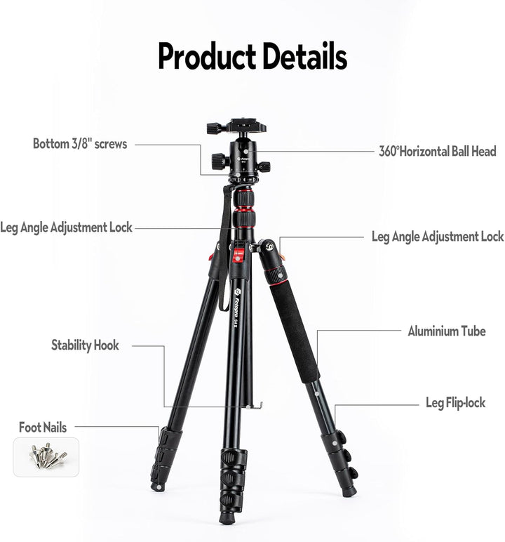 Fotopro 78" Kamera-Stativ, 360°Kugelkopf faltbares Aluminium-Stativ Einbeinstativ mit Schnellwechsel