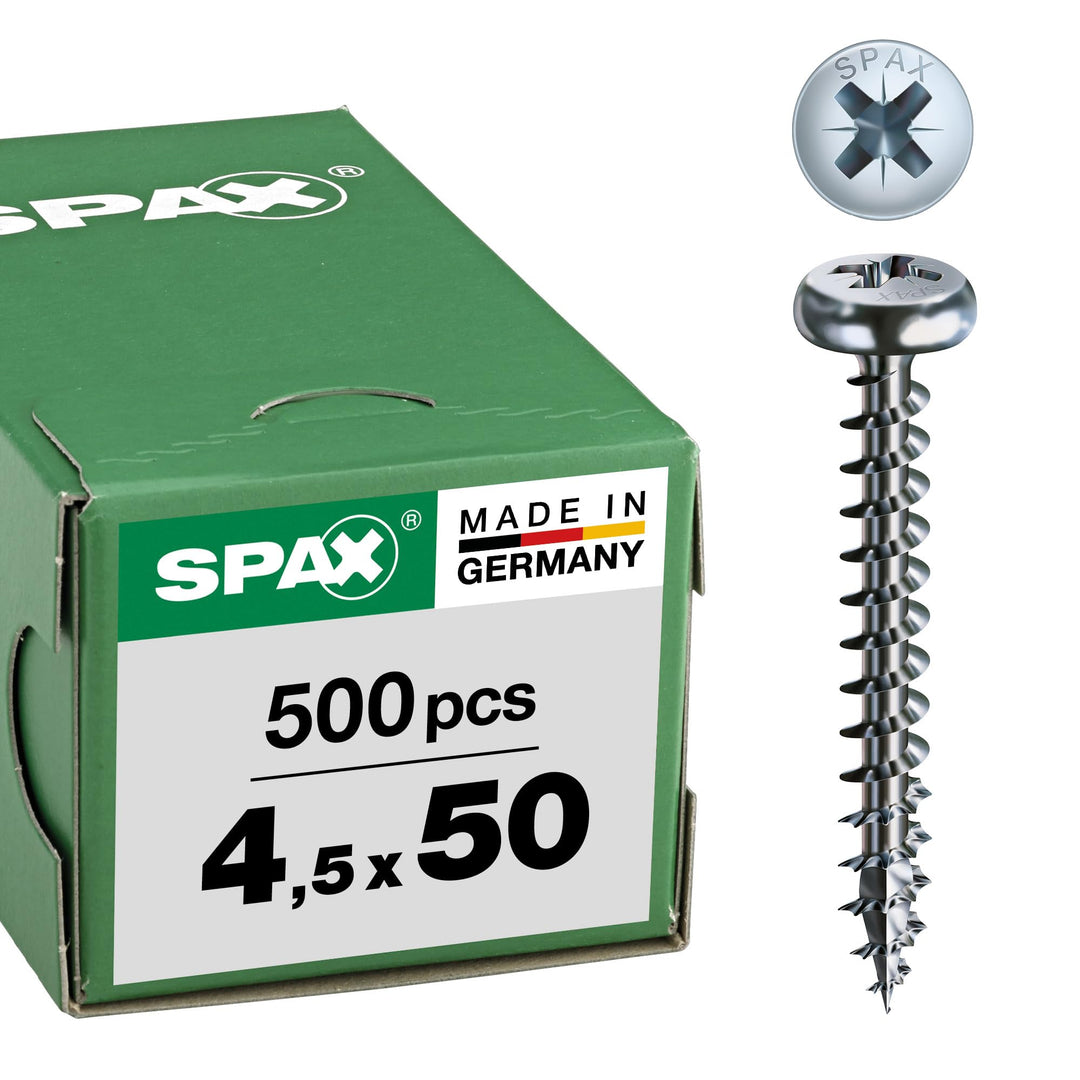 SPAX Universalschraube, 4,5 x 50 mm, 500 Stück, Kreuzschlitz Z2, Halbrundkopf, Vollgewinde, 4CUT, WI
