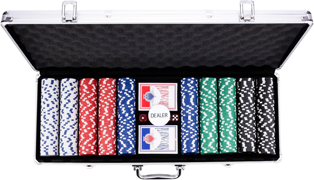 Pokerkoffer 500 Chips 11,5 g ohne Wertung – Grosses Poker Set mit Aluminiumkoffer, 2 Kartenspielen,