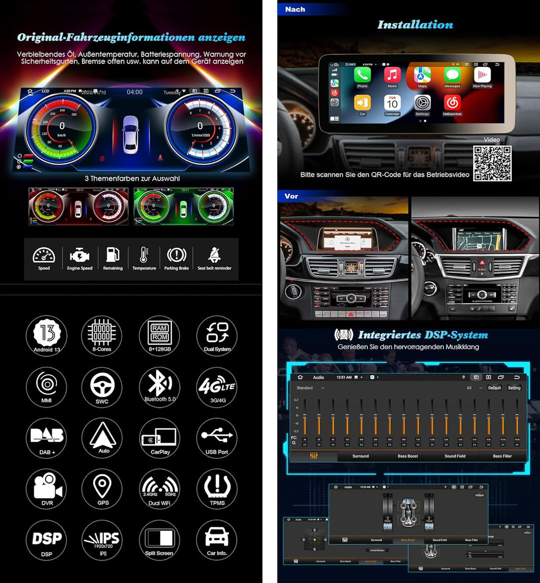 Erisin 12.3 Zoll 8GB+128GB Android 12 Autoradio Bluetooth mit GPS Navigation für Mercedes Benz E-Kla