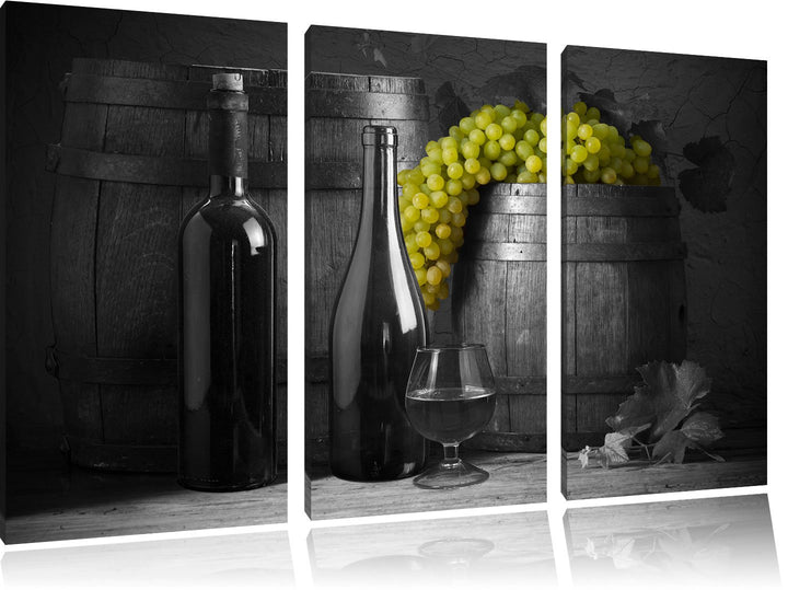 Pixxprint Fässer mit Weintrauben und Wein als Leinwandbild/Grösse: 3 Teilig (120x80) cm/Wandbild/Kun