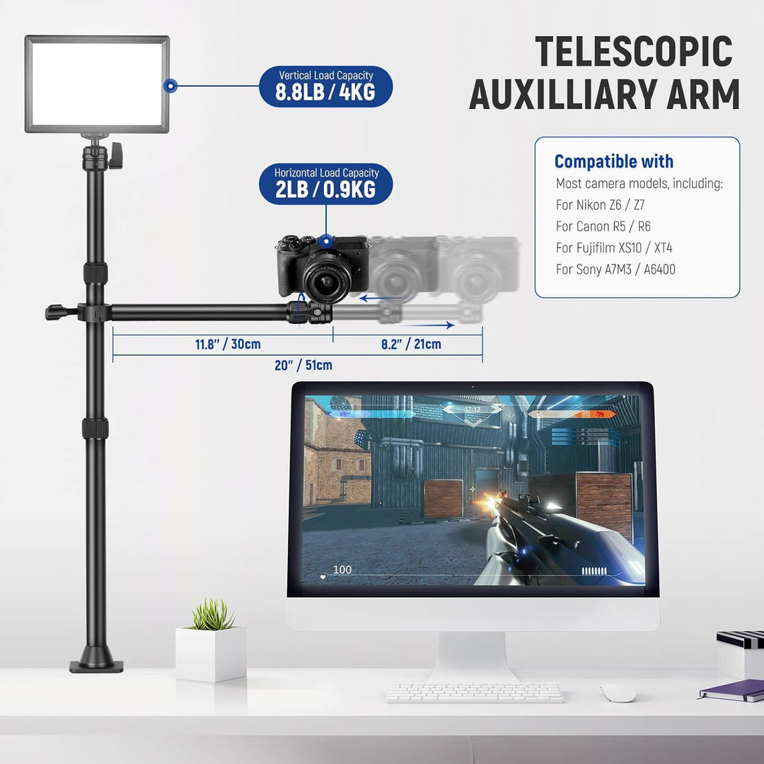 NEEWER Tisch Kamerastativ mit 2 Teleskopauslegern, Telefonhalter, Kugelköpfe, Schraubadapter, Tischl