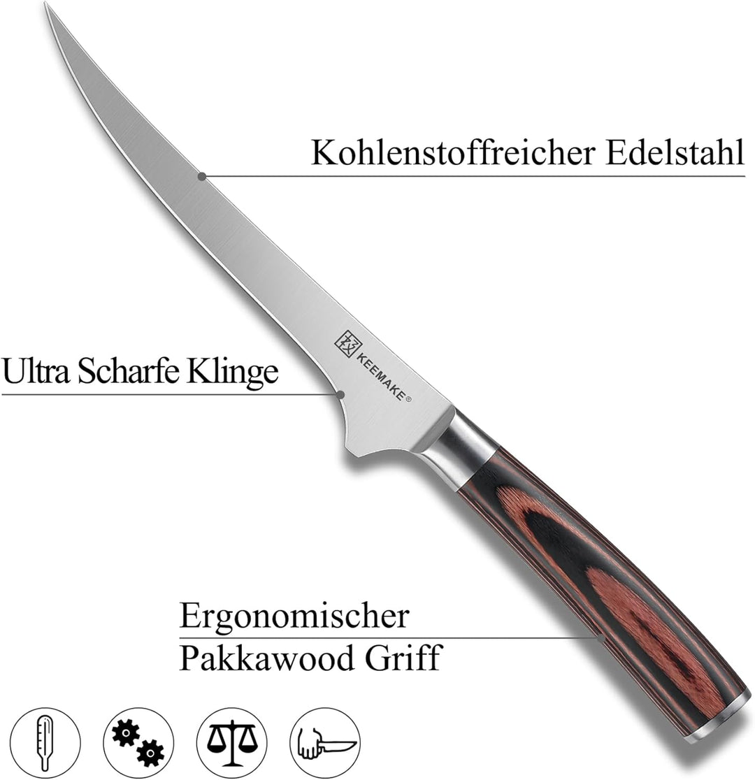 KEEMAKE Filetiermesser 15 cm, Profi Fischmesser Ausbeinmesser mit Ergonomischem Pakkaholz-Griff, Küc