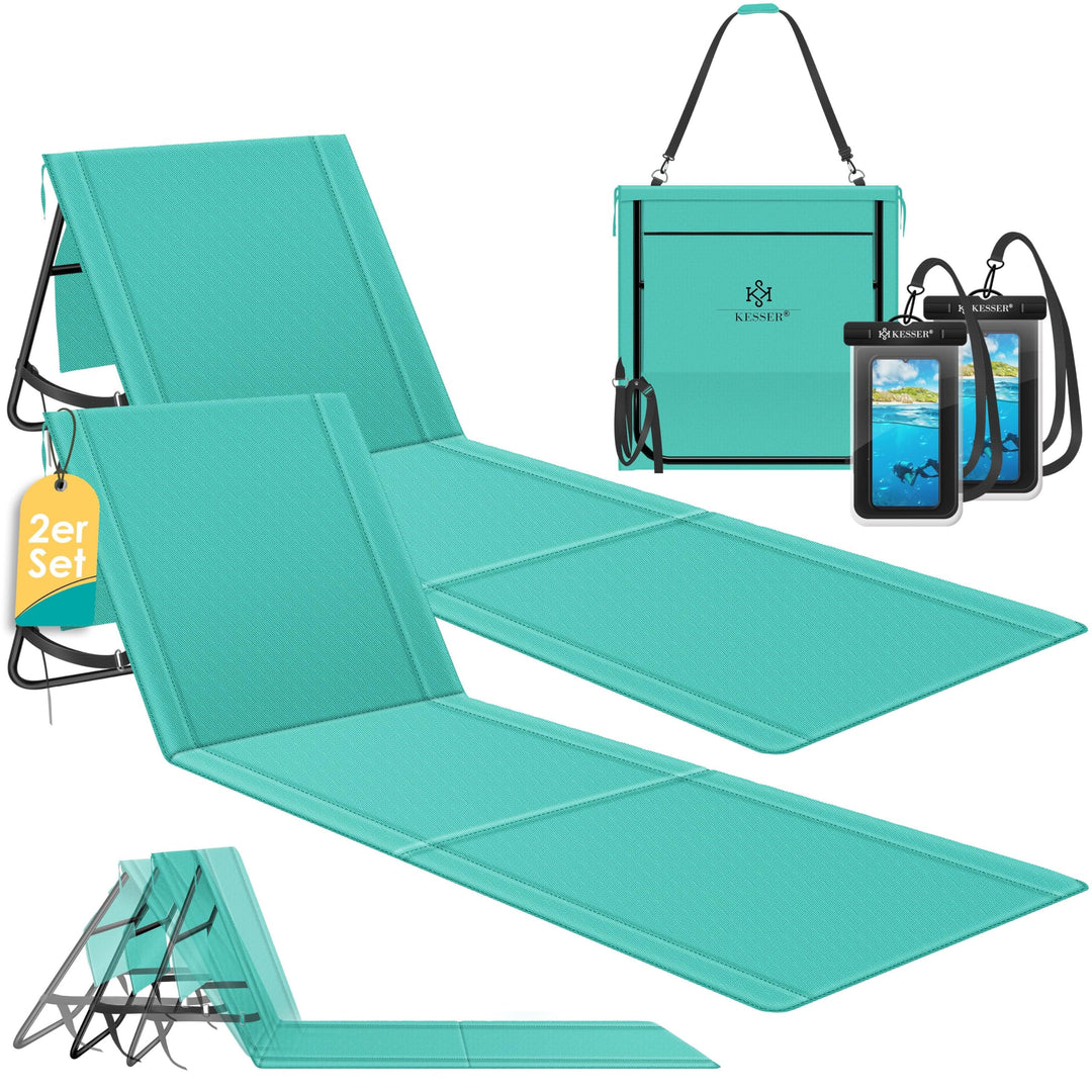 KESSER® 2er Set Strandmatte klappbar mit Verstellbarer Rückenlehne, Tragegurt, wasserdichter Tasche