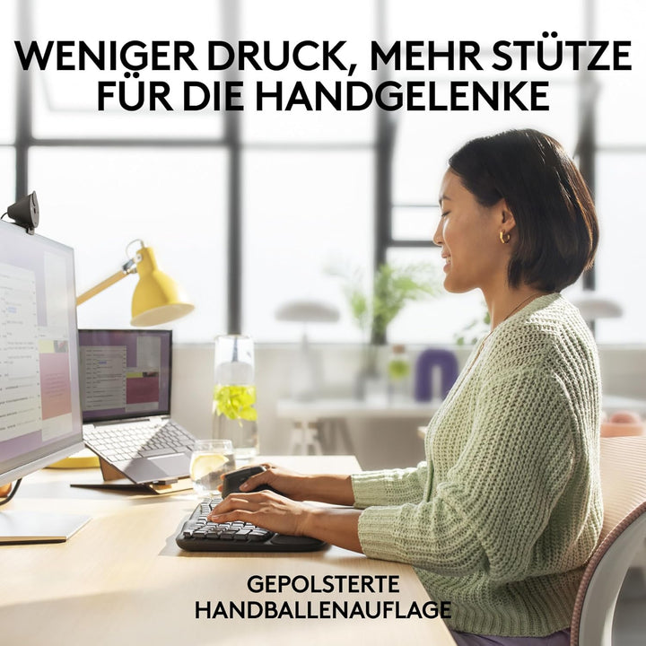 Logitech Wave Keys for Business, kabellose ergonomische Tastatur mit gepolsterter Handballenauflage,