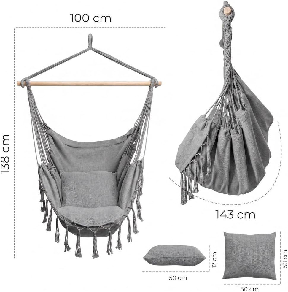 BOGATECO Hängesessel mit 2 Kissen | Hängestuhl für Erwachsene &amp; Kinder | Belastbar bis 150 kg | Häng