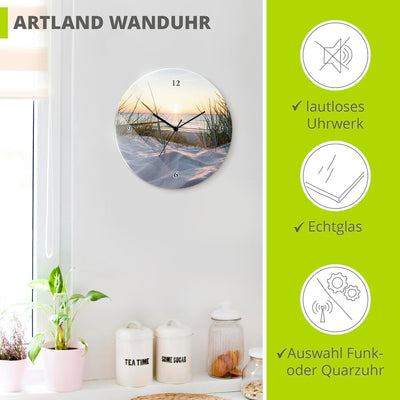 ARTLAND Wanduhr ohne Tickgeräusche Glas Quarzuhr Ø 30 cm Rund Lautlos Sonnenuntergang Ostsee Sonnenu