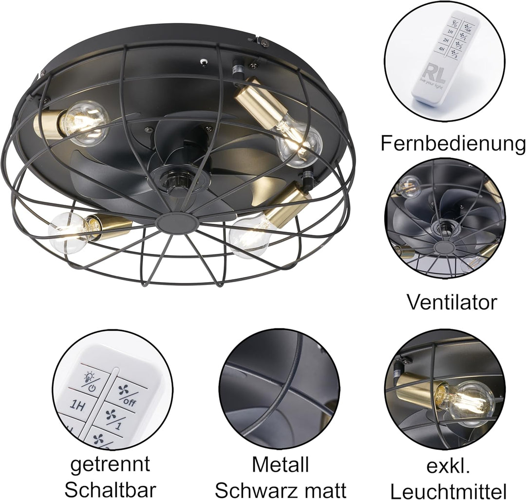 Reality Leuchten Deckenleuchten Ventilator Trondheim R61095032, Metall Schwarz matt, exkl. 4x E27, F