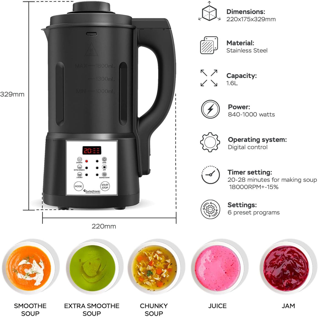 TurboTronic Suppenkocher Suppenbereiter 1,6L, 1000 W, 6 Programme, Suppenautomat, Multikocher, Smoot