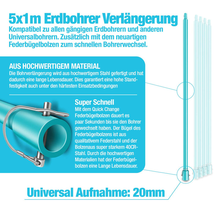BRUNNENTAL ® 5m Verlängerung + 5x Quick Change - Für Brunnenbohrer Erdbohrer Handerdbohrer zum Tiefe