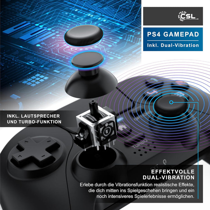 CSL - Wireless Gamepad für PC und PS4 - PC Anschluss - Wireless Controller - Dual Vibration - Headse
