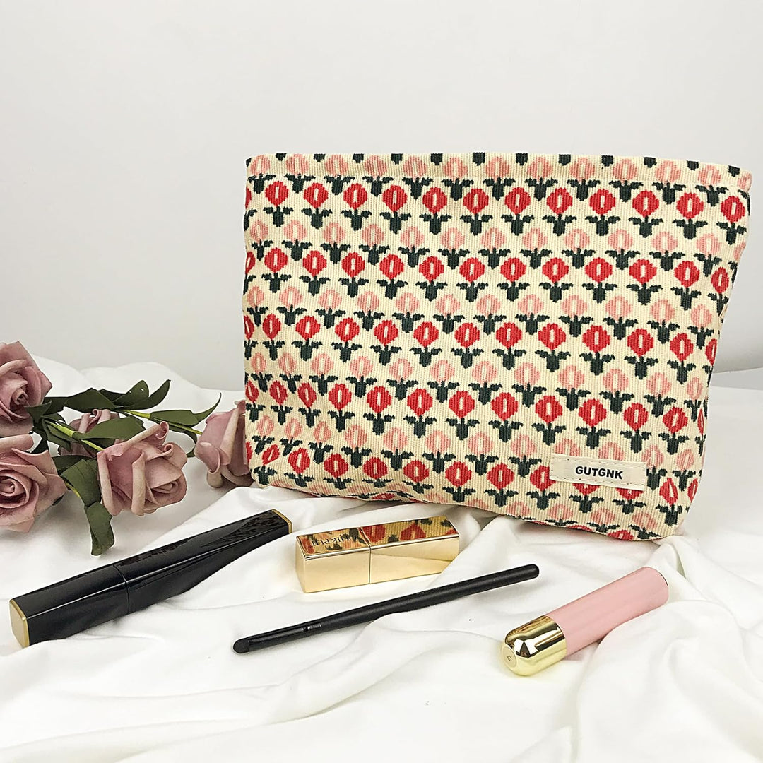 Make-up-Tasche für Damen, Cord-Kosmetiktasche, ästhetisches Design, Damen-Tragetasche, Federmäppchen