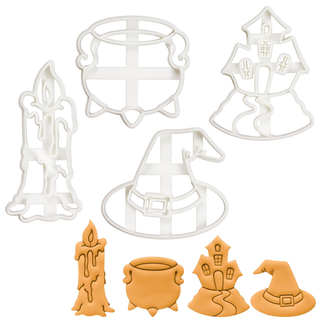 4er Set Hexerei Ausstechformen (Formen: Kerze, Kochkessel, Hexen Hut, Spukhaus), 4 Teil