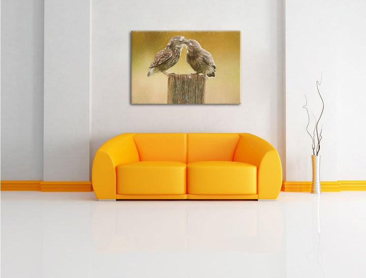 Pixxprint Küssende Eulen / 100x70cm Leinwandbild bespannt auf Holzrahmen/Wandbild Kunstdruck Dekorat