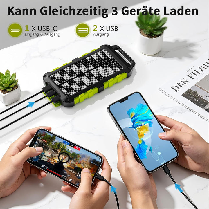 Solar Powerbank 10000mAh PD 22,5W Tragbares Solar Ladegerät USB C Outdoor Wasserdicht Externer Akku
