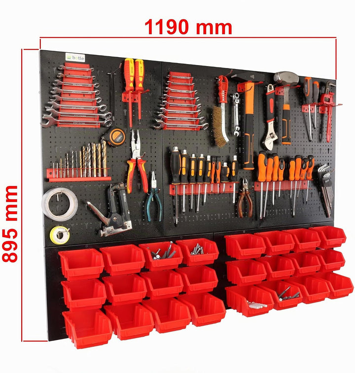 botle® Werkzeugwand Lochwand aus Metall, Stapelboxen + Wandregal + Werkzeughalter 51-tlg Set, Kleint