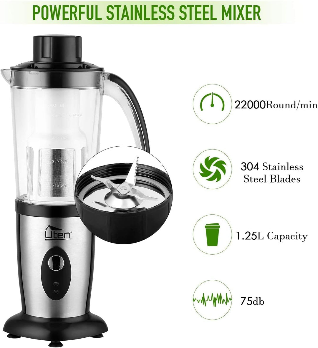 Smoothie Maker Uten Standmixer Edelstahl Mixer 5 in 1 Multifunktion Blender, Entsafter, Fleisch Zerk