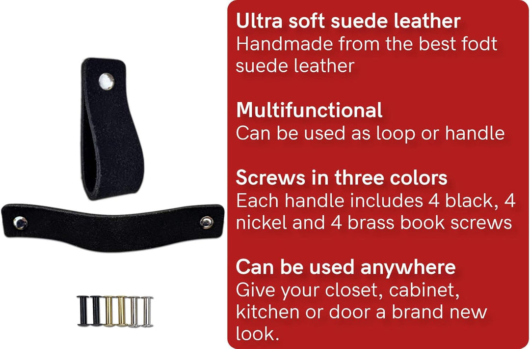 Brute Strength - Ledergriffe für Möbel - Wildleder - Schwarz - 4 Stück - 16,5 x 2,5 cm - Schrankgrif