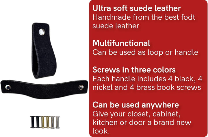 Brute Strength - Ledergriffe für Möbel - Wildleder - Schwarz - 6 Stück - 16,5 x 2,5 cm - Schrankgrif