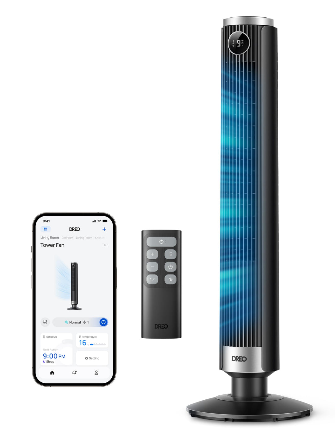 DREO Smart 102–114cm Turmventilator fürs Schlafzimmer, Höhenverstellbar, 8.4m/s, DC-Motor, 9 Stufen,