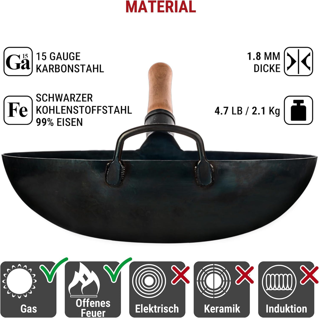 YOSUKATA Karbonstahl Woks & Wokpfannen (36 cm) -Voreingebrannter Wok Pfanne Carbonstahl Runder Boden