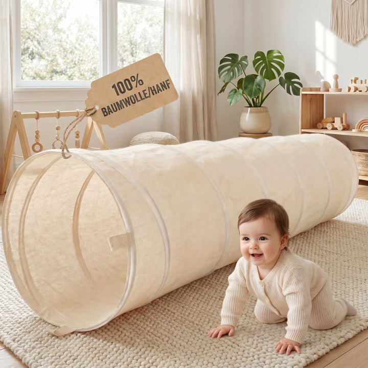 LIONHERZ® Spieltunnel für Kinder aus Baumwolle/Hanf mit Klettverschlüssen [180cm x 46cm] Krabbeltunn