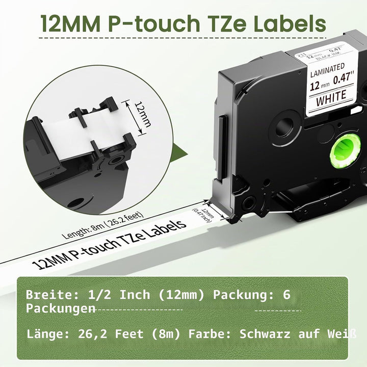 Markurlife TZe-231 12mm Kompatibel mit Brother P-Touch Bänder 12mm Schwarz auf Weiss TZe231 TZ Tape