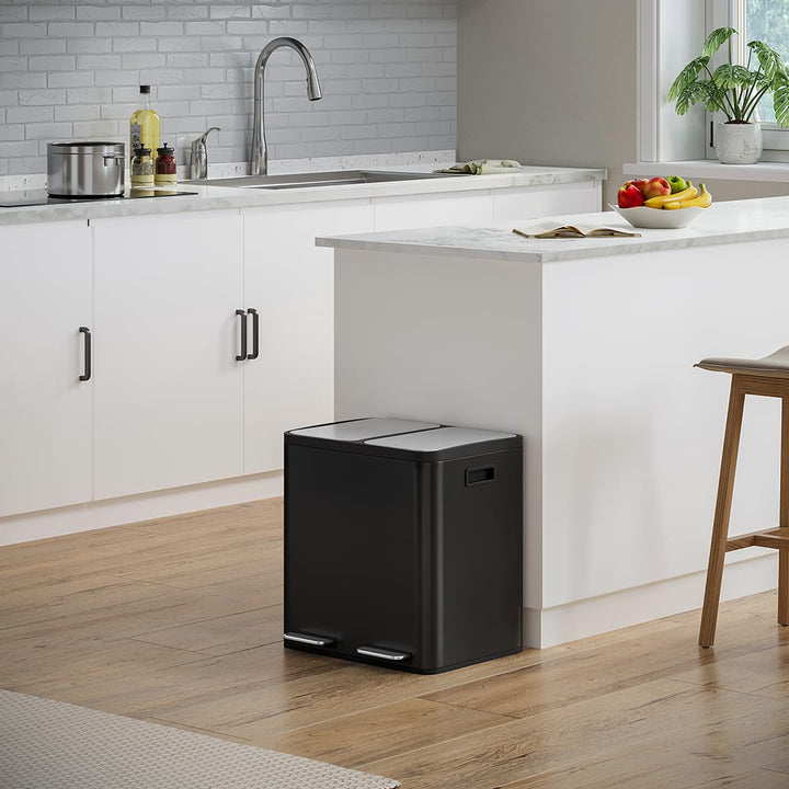 STEELSØN Epsilon Mülleimer 2 Fächer – Mülltrennsystem Küche 2x15L aus Edelstahl Schwarz – Tretmüllei