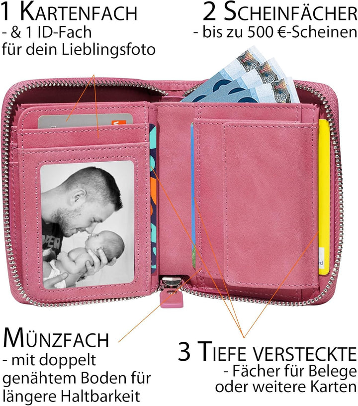 Damen Geldbörse pink, Oil-Wax-Leder, Reissverschluss, Münzfach, viele Fächer, RFID Schutz - Geldbörs