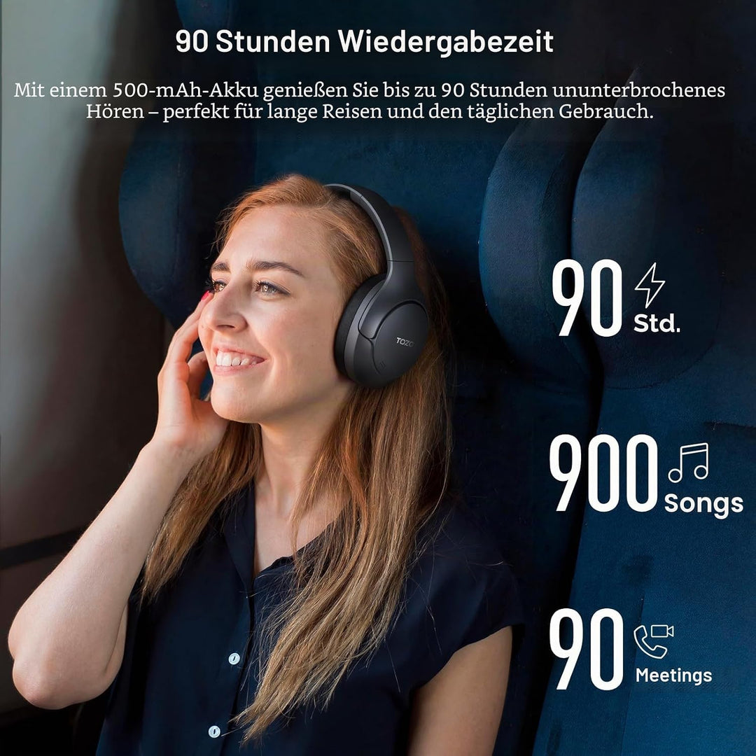 TOZO HT3 Kopfhörer Kabellos Bluetooth Over Ear, Noise Cancelling Kopfhörer mit 5 Mics,90 Std, Hi-Res