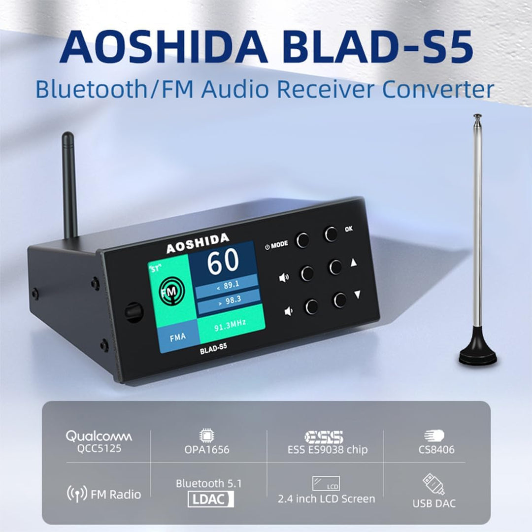 AOSHIDA BLAD-S5 FM Radio Bluetooth Empfänger, ES9038 CS8406 Wireless Audio Adapter, FM/BT to RCA/Koa