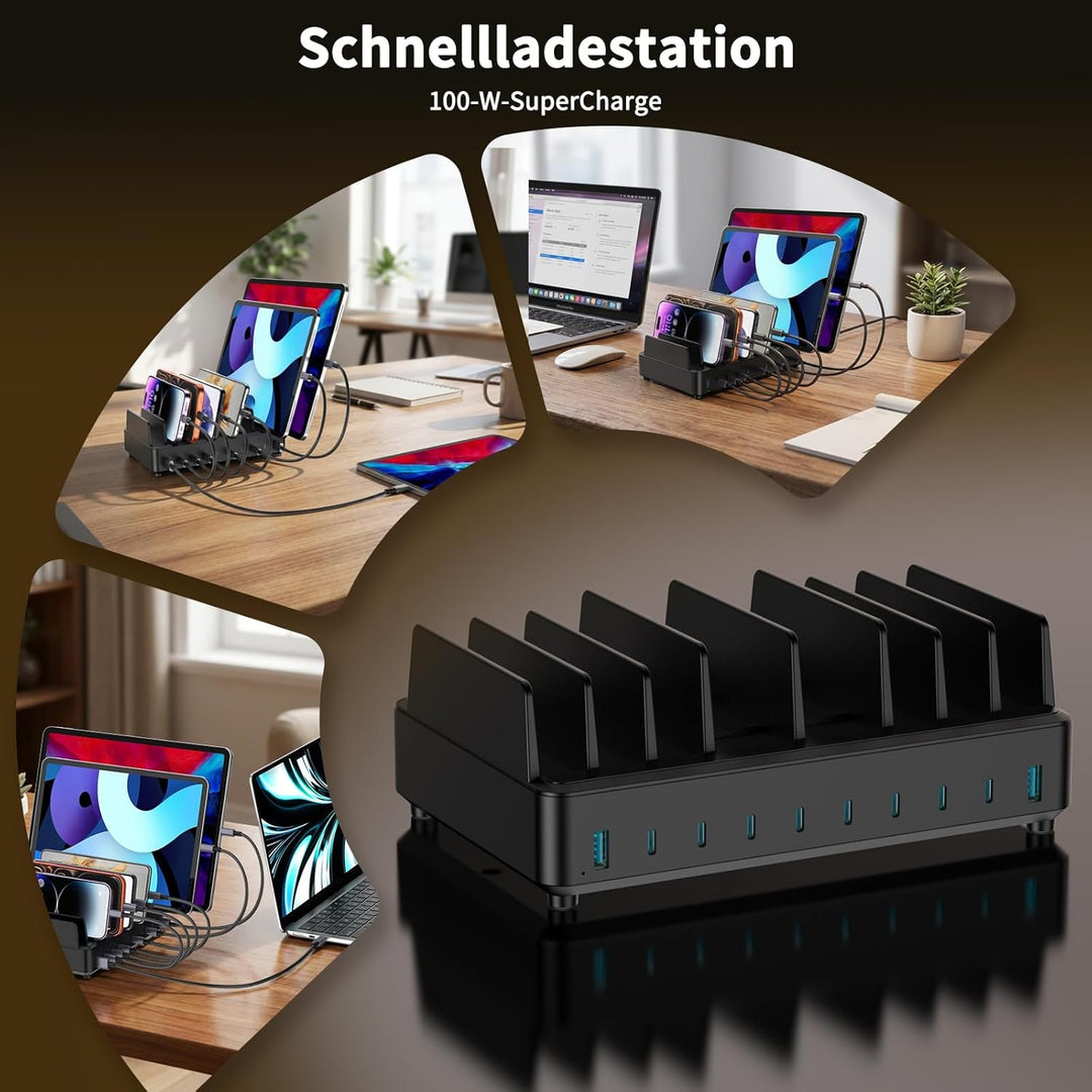 420W Ladestation Mehrere Geräte USB C Charging Station, GaN PD3.0 10 Anschlüsse Handy Ladestation De