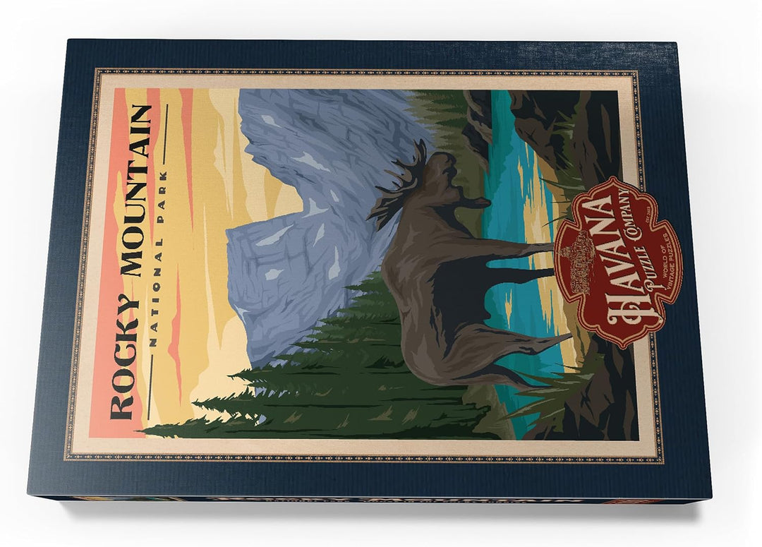 Rocky Mountain National Park - Moose in The Rocky Sunrise, Vintage Travel Poster - Premium 1000 Teil
