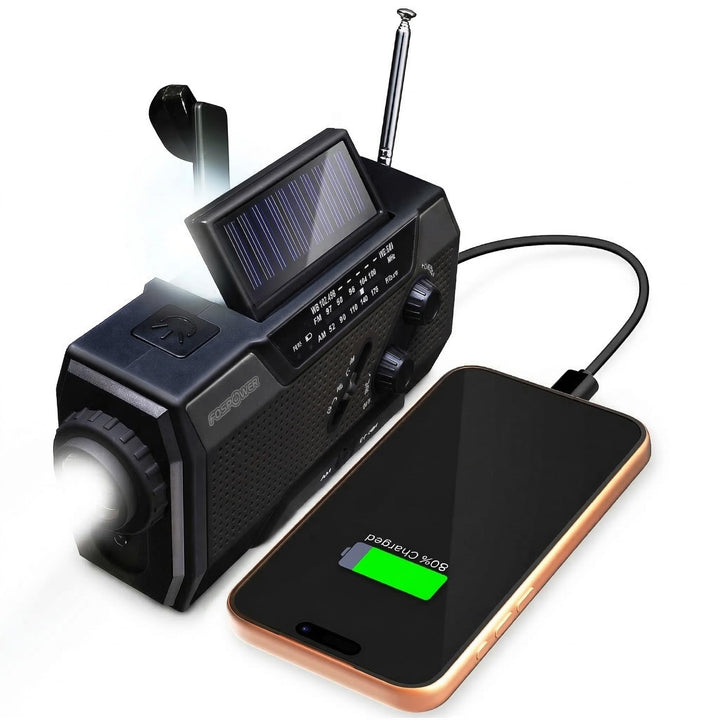 FosPower Notfallradio NOAA/AM/FM mit 7400mWh Tragbare Powerbank, Aufladung per USB/Solar/Handkurbel,