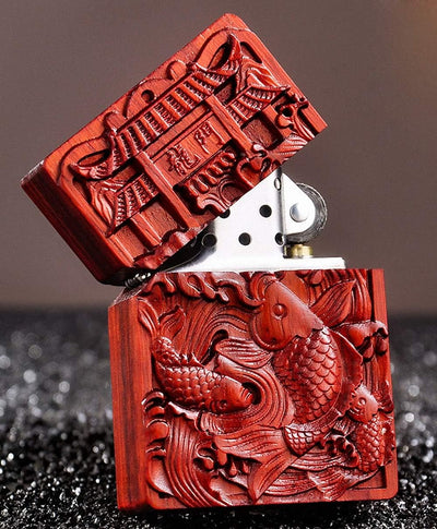 Generic Natural Huanghuali Rosewood Carving Lichter Outer Case for Zippo Module Fish Jump Dragon Gat