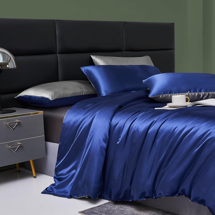 YASMENG Bettwäsche Satin 200x220 Blau Dunkelgrau Wendebettwäsche Modern Deluxe Elegant Bettbezug Set