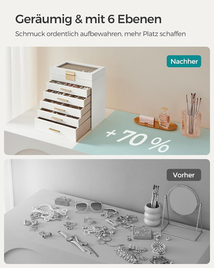 SONGMICS Schmuckkästchen, Schmuckkasten mit 6 Ebenen, Schmuckbox mit Glasdeckel, 5 Schubladen, für S