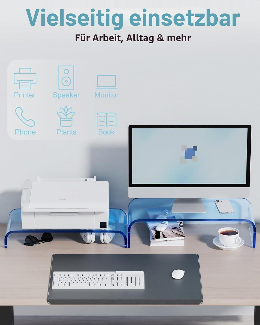 Monitorständer Acryl 2er-Set, 2-Ebenen Bildschirmerhöhung Modular, PC Monitor-Erhöhung, Schreibtisch