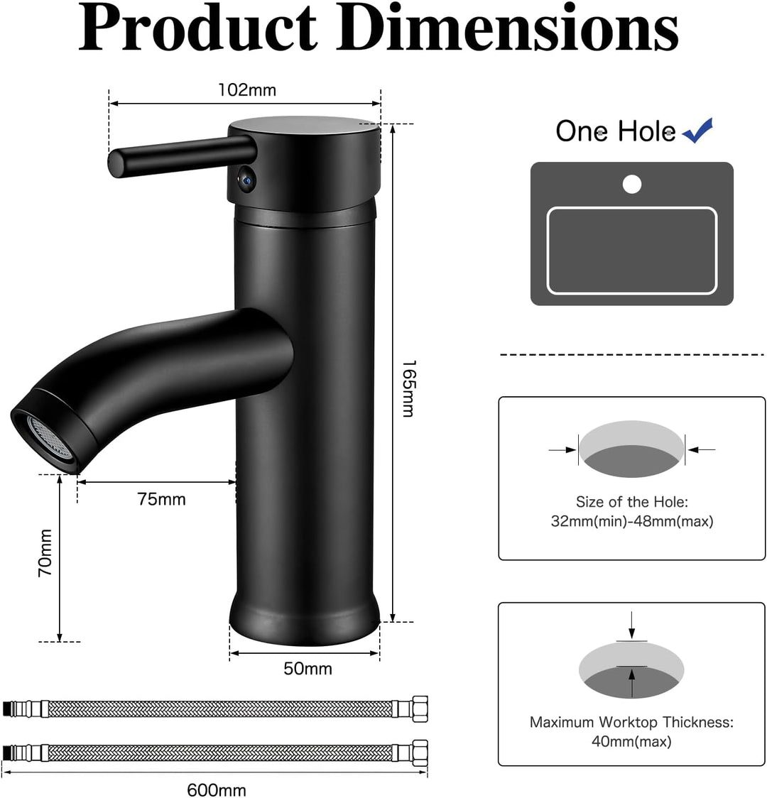 kisimixer Wasserhahn Bad Schwarz Waschtischmischer, Einhandmischer Waschbecken Armaturen mit Kalt/Wa
