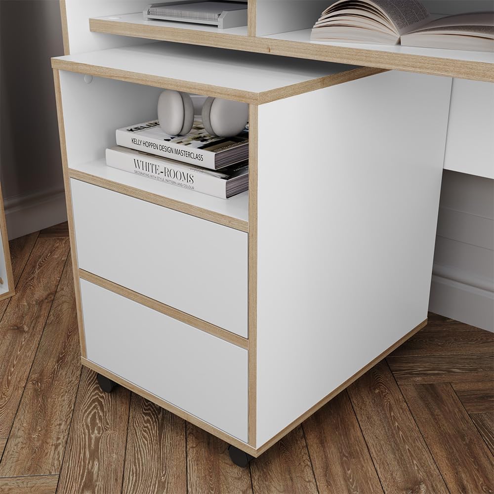 Vicco Rollcontainer Tetrix, Weiss, 42 x 55 cm mit Regalen und 2 Schubladen, Weiß