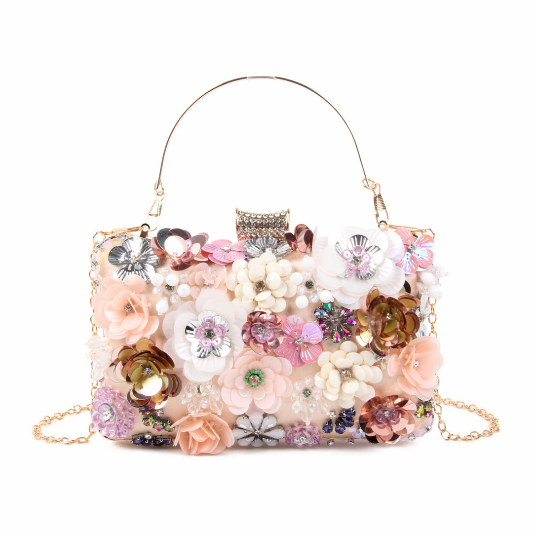Fecialy Blumen-Clutch-Abendtaschen für Damen mit bunten Blumen-Metall-Strasssteinen Abend-Clutch-Gel