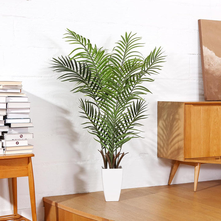 Kazeila Künstliche Pflanzen Gross 120cm Kunstpalme Kunstpflanze mit Weiss Topf Fake Plastikpflanzen