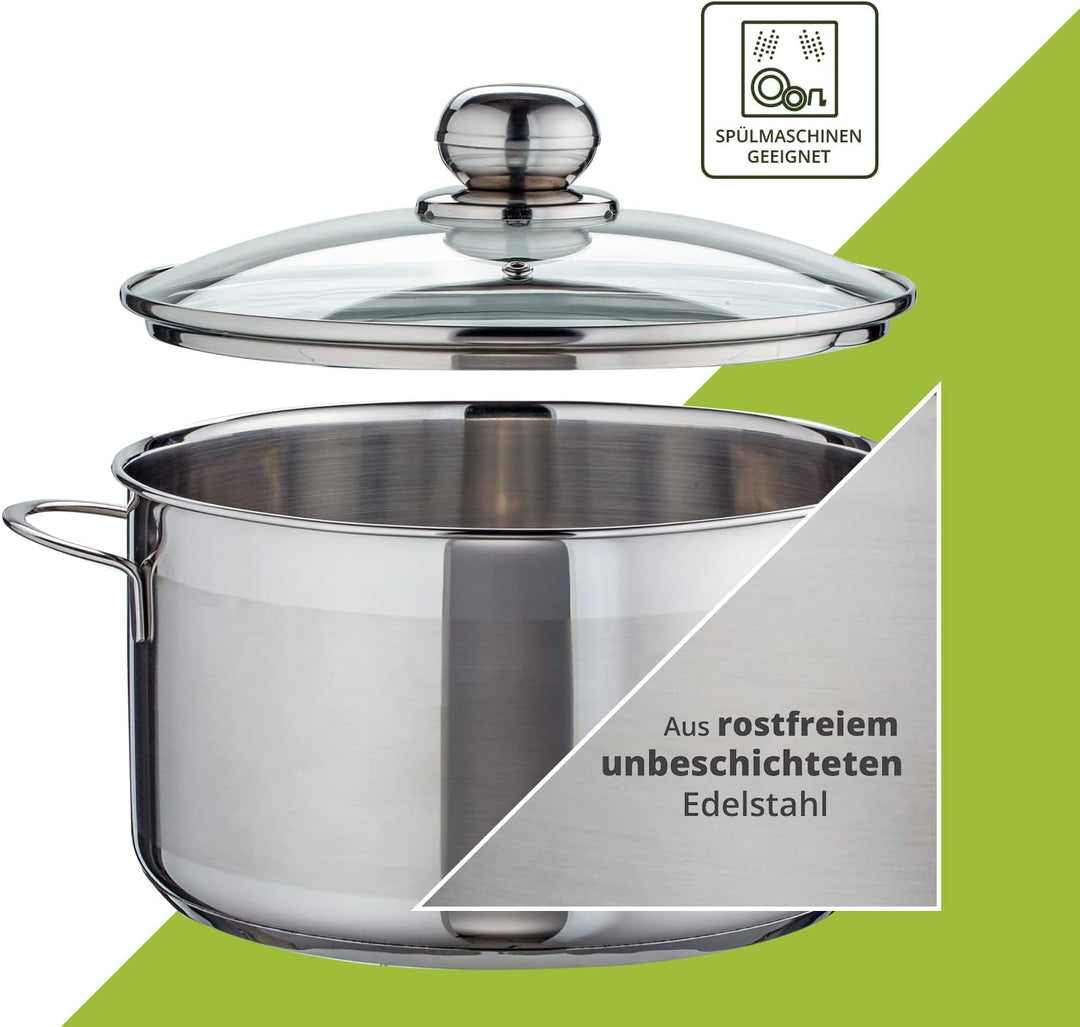 Level One Topf Edelstahl 24 cm Kochtopf Induktion 6,1 Liter Fleischtopf & Bratentopf mit Glasdeckel