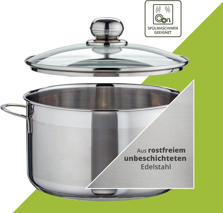 Level One Topf Edelstahl 24 cm Kochtopf Induktion 6,1 Liter Fleischtopf & Bratentopf mit Glasdeckel